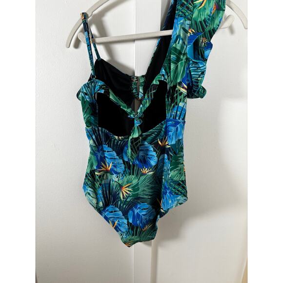 Tropical One-Shoulder Cutout Swimsuit – Palm Leaf Print with Ruffle Strap M - Picture 6 of 13